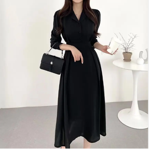 Women Black Shirt Collar Long Dress